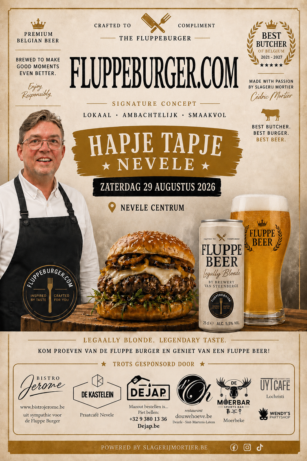 Poster Hapje Tapje Nevele 29 August 2026 with Fluppe Burger and Fluppe Beer