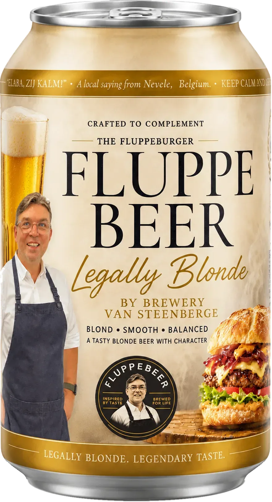Canette Fluppe Beer avec Philippe Meirlaen, un burger et un verre de blonde